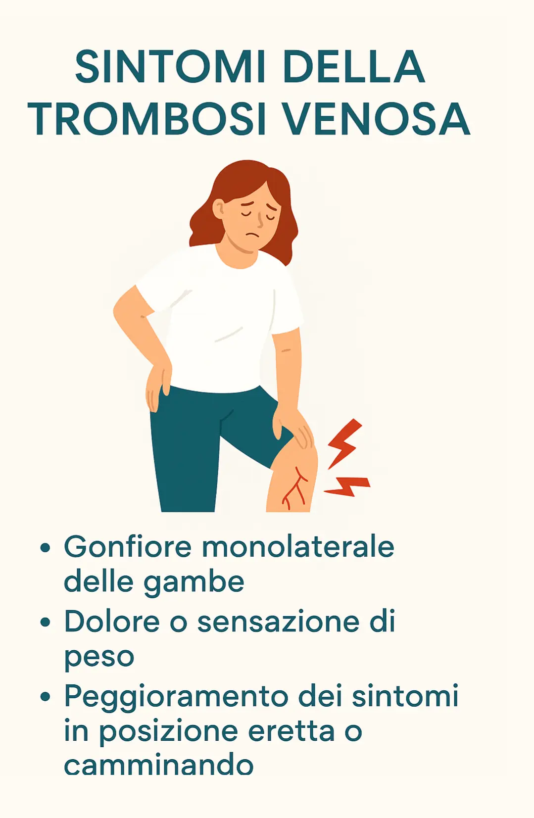 Infografica con i sintomi della trombosi venosa profonda alle gambe: gonfiore, dolore, e sensazione di peso, peggioramento dei sintomi in situazione eratte